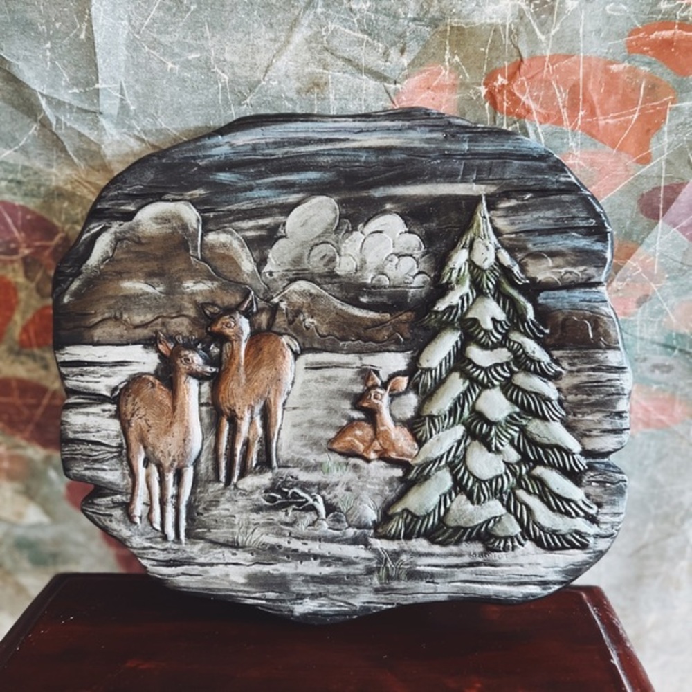 1980 Ceramic Deer & Landscape Winter Scene Wall Plaque
